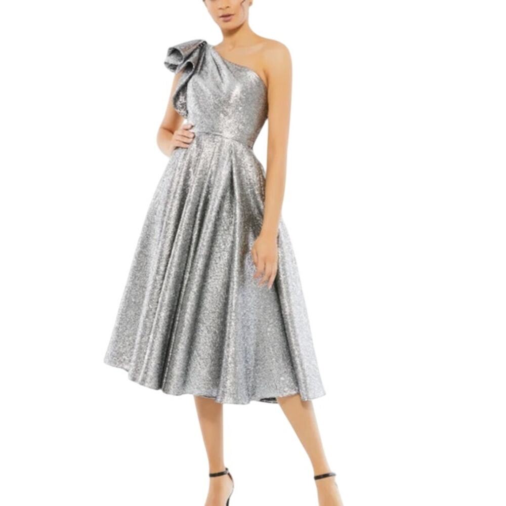 NEW Mac Duggal Silver One Shoulder Bow‎ Midi Dress Size 10